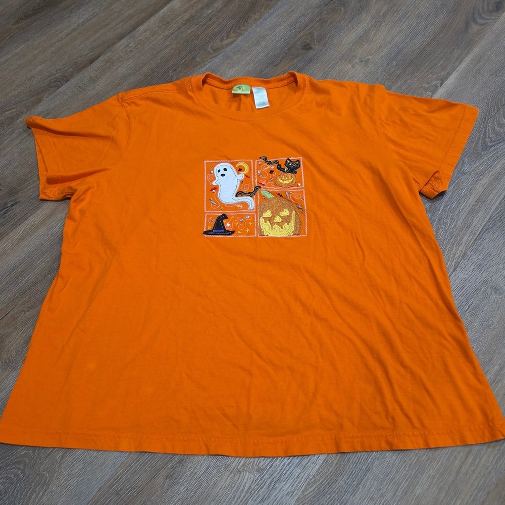 Vintage Halloween Embroidered Graphic T-Shirt Orange Ghost Pumpkin Plus 18W/20W